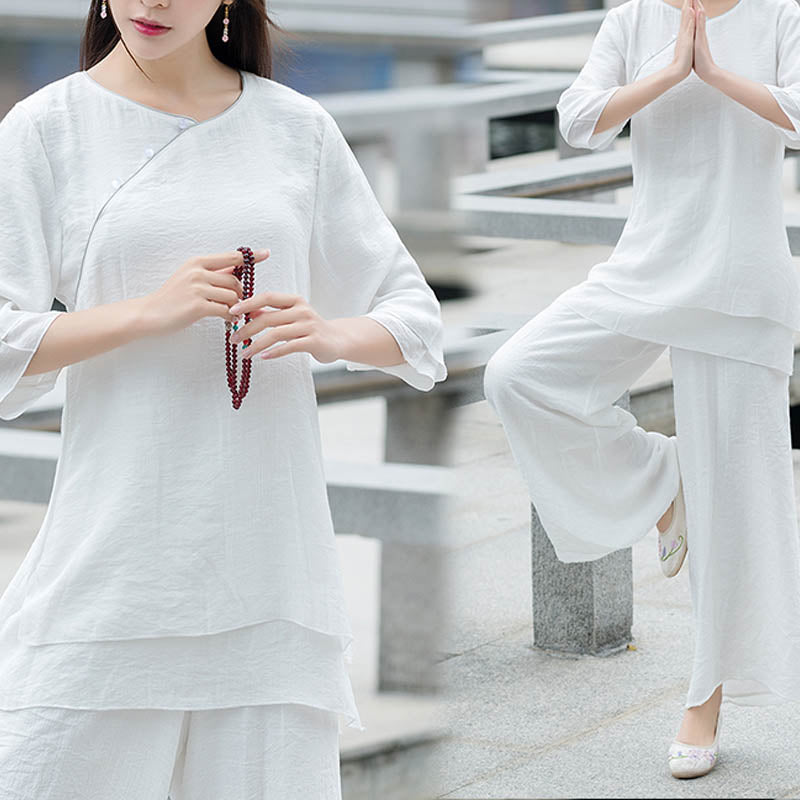 Buddha Stones 2Pcs Simple Design White Top Pants Meditation Yoga Zen Tai Chi Clothing Women's Set