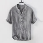 Buddha Stones Solid Color Short Sleeve Half Button Shirt Cotton Linen Men Clothing