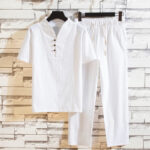 Buddha Stones 2Pcs Solid Color Cotton Button Short Sleeve T-shirt Pants Men's Set