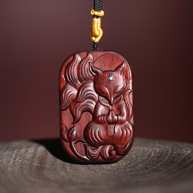 1719908352_8813af85-51d7-4b87-8449-e9a61684e6b3.jpg Buddha Stones Small Leaf Red Sandalwood Nine Tailed Fox Pattern Longevity Necklace Pendant (Extra 35% Off | USE CODE: FS35)
