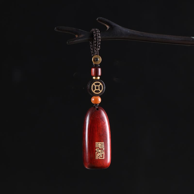 1722842817 Buddha Stones Small Leaf Red Sandalwood Ebony Wood Peace Auspicious Copper Coin Protection Key Chain - Image 1