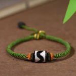 Buddha Stones Handmade Tibetan Dzi Bead Protection Braided Green Rope Bracelet