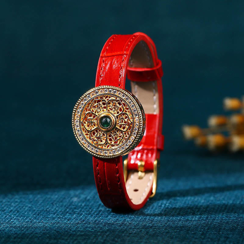 1725362090 Buddha Stones Six True Words Eight Treasures Compass Jade 24K Gold Plated Luck Leather Bracelet - Image 1