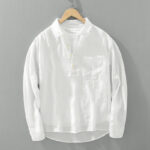 Buddha Stones Solid Color Loose Long Sleeve Half Button Shirt Linen Men Clothing
