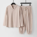 Buddha Stones Cross-Collars Cropped Bloomers Cotton Tang Suit Hanfu Top Pants Clothing Men's Set