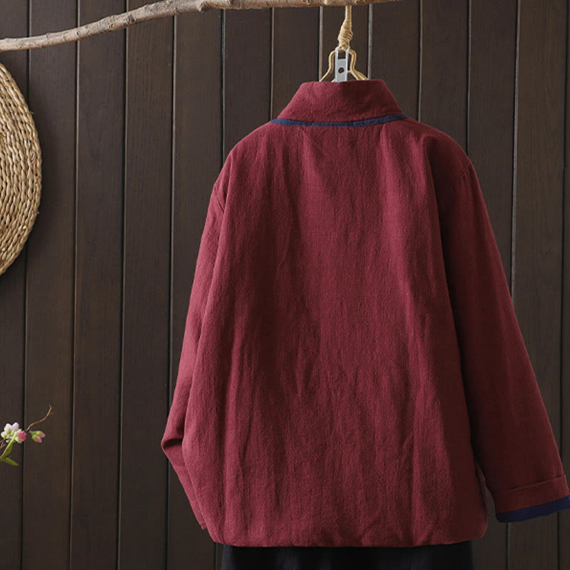 Buddha Stones Solid Color Casual Frog-button Turtleneck Cotton Linen Women's Jacket Clothing