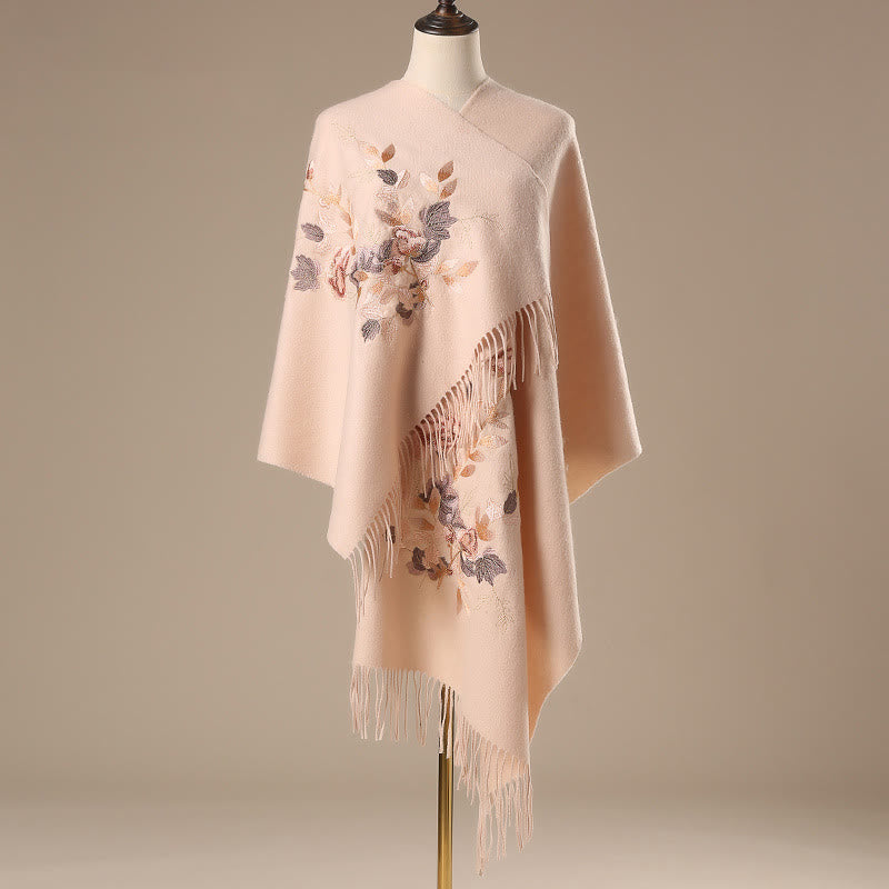 1728642868_5ceda945-268e-42b2-bb98-f235e379df47 Buddha Stones Wool Shawl White Pink Flowers Golden Leaves Embroidery Tassel Winter Cozy Travel Scarf Wrap - Image 1