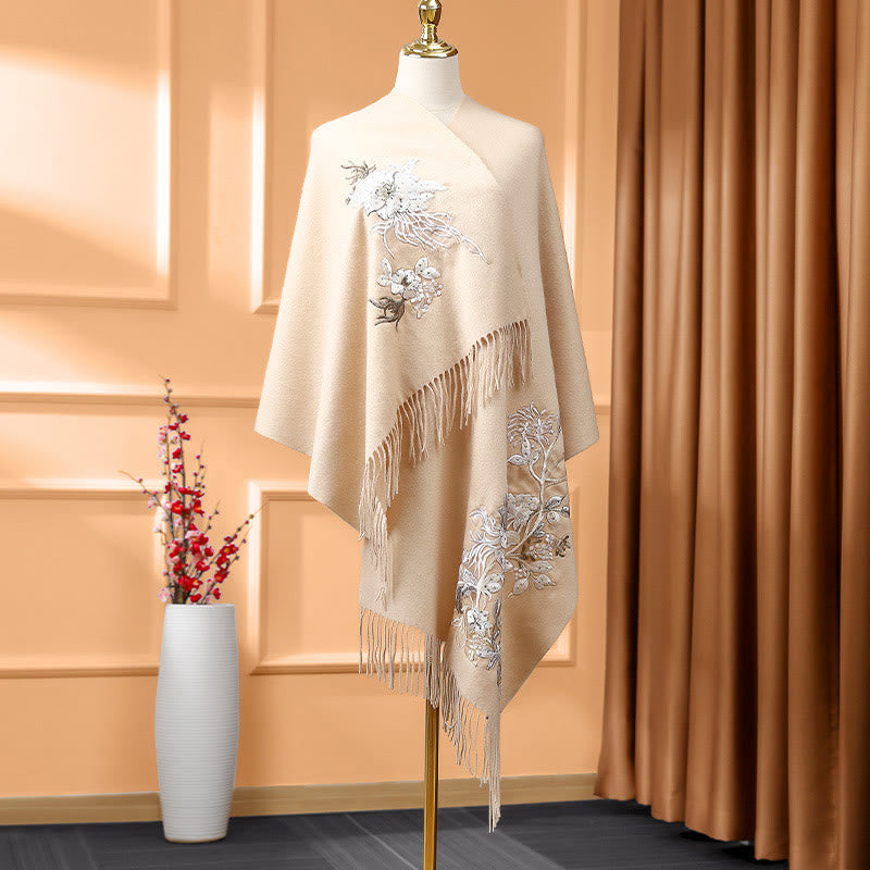 1728711609 Buddha Stones Wool Shawl White Orange Flower Embroidery Tassel Winter Cozy Travel Scarf Wrap - Image 1