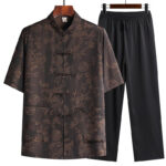 Buddha Stones Bamboo Peach Blossom Tang Suit Hanfu Traditional Uniform Short Sleeve Top Pants Clothing Men's Set