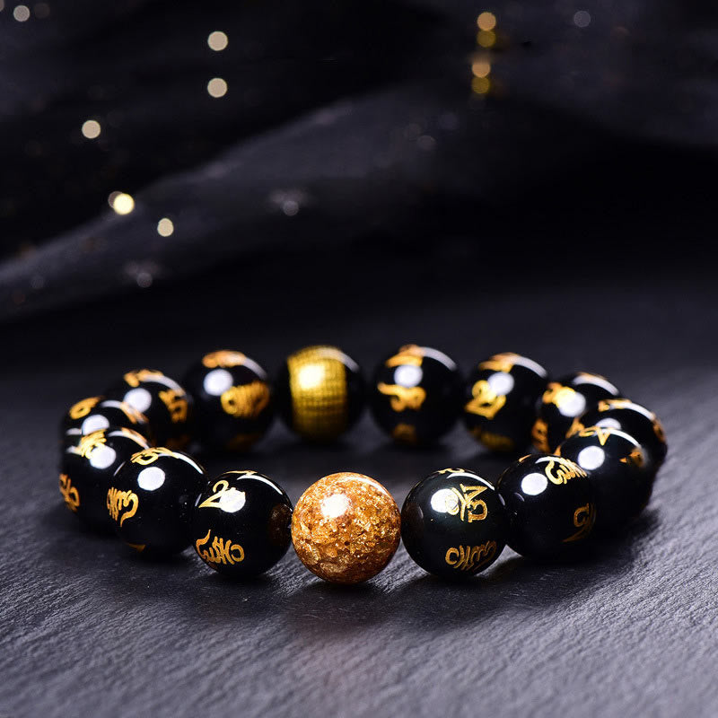 1730196484 Buddha Stones Six True Words Om Mani Padme Hum Rainbow Obsidian Gold Foil Creativity Bracelet - Image 1