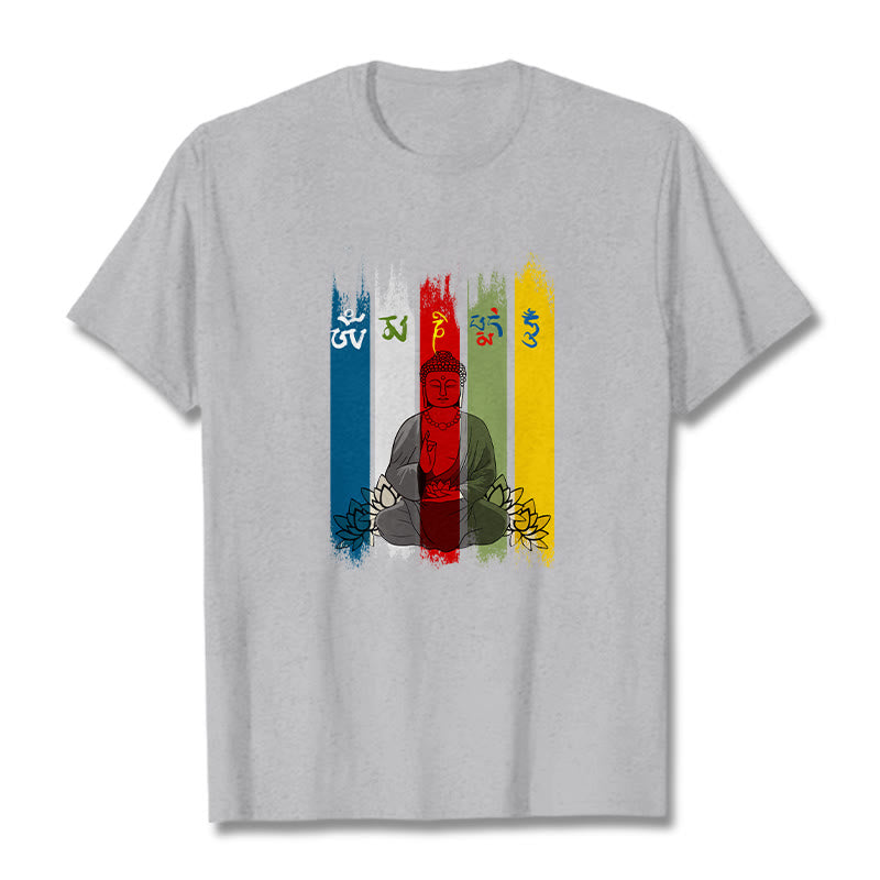 1733197234_6349e378-3d7c-4a7d-9e06-1138bbb098c7 Buddha Stones Six True Words 'Om Mani Padme Hum' Buddha Sitting With Lotus Cotton Tee T-shirt - Image 1