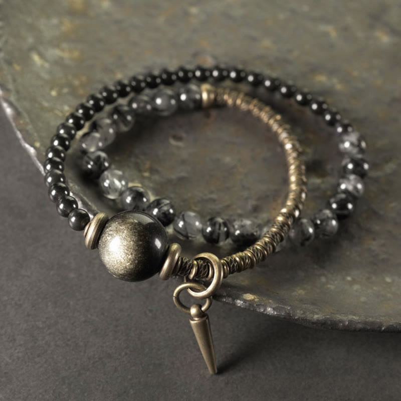 1733216566 Buddha Stones Gold Sheen Obsidian Black Rutilated Quartz Copper Brass Double Wrap Protection Bracelet - Image 1