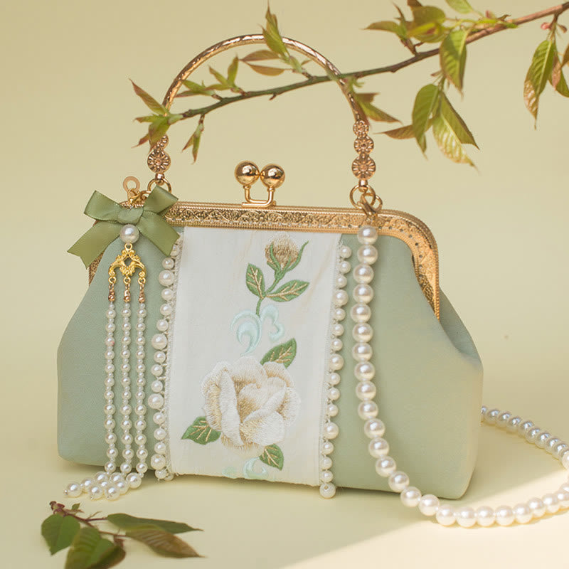 1733906771 Buddha Stones Double-sided Flowers Embroidery Pearl Pendant Metal Chain Crossbody Bag Handbags - Image 1