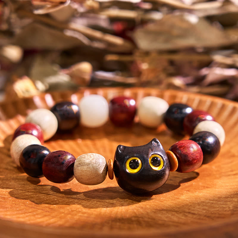 1734007211 Buddha Stones Small Leaf Red Sandalwood Ebony Wood Cute Cat Engraved Protection Bracelet - Image 1