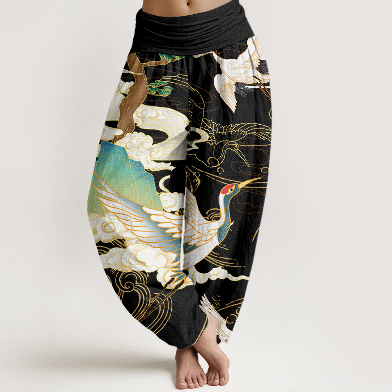 1735903949_a81353d0-0e55-4763-b3d3-ba6cd2a26be4 Buddha Stones Cotton Flying Cranes Auspicious Clouds Tree women's Elastic Waist Harem Pants - Image 1