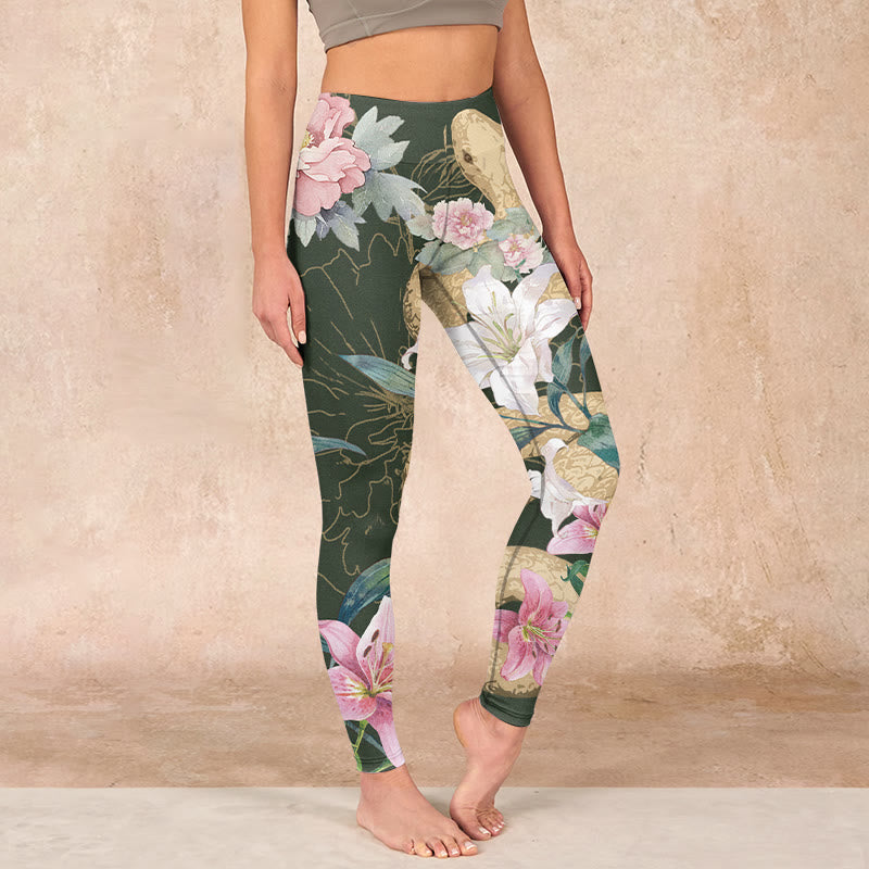 1739330965_cfed47ec-42b4-484a-b2ff-237fa382517a-1.jpg Buddha Stones Green Golden Snake Lily Peony Flowers Print Gym Leggings Women's Yoga Pants