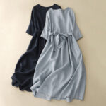 Buddha Stones Casual Plain Crew Neck Lace-up Half Sleeve Midi Dress With Pockets