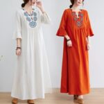 Buddha Stones Casual Embroidered Flower Pattern V-neck Three Quarter Sleeve Design Cotton Linen Midi Dress