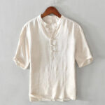 Buddha Stones Daily Solid Color Stand Collar Half Sleeve Linen Half Button Men's Shirt