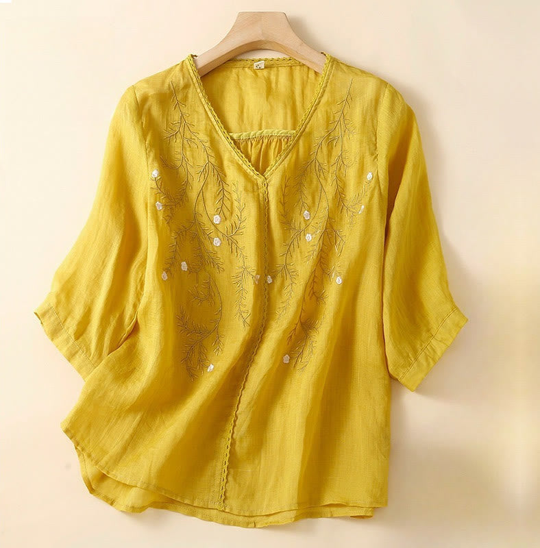 Buddha Stones Summer Casual Flower Branches Embroidered Pattern V-Neck Half Sleeve Women's T-shirt