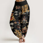 Buddha Stones Cotton Golden Dragons Auspicious Clouds Design Women's Elastic Waist Harem Pants