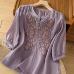 Buddha Stones Casual Loose Embroidery Frog Button Half Sleeve Crew Neck Cotton Women's Shirt
