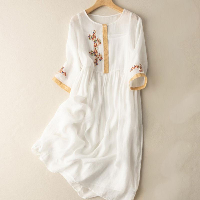 Buddha Stones Spring Ethnic Embroidery Half Sleeve Women's Midi Dress