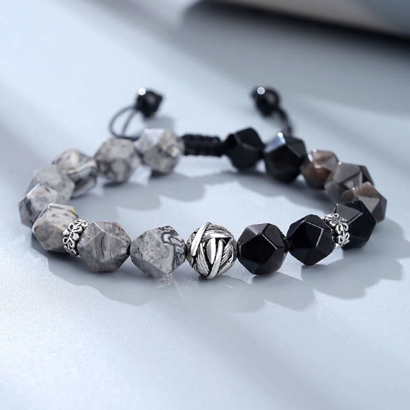 1744697990_9b93aeb1-1435-4d0c-8857-a555b3c369c7 Buddha Stones Natural Irregular Cut Obsidian Grey Jasper 925 Sterling Silver Rolled Leaf Bead Protection Bracelet - Image 1