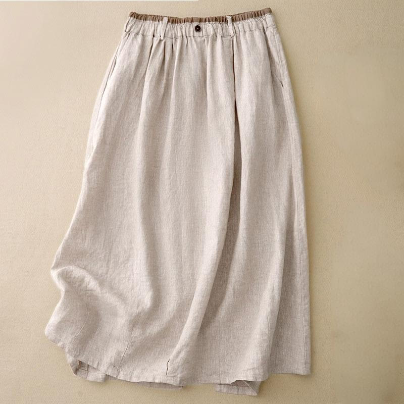 Buddha Stones Vintage Casual Plain Side Slit Elastic Waist Cotton Linen Women's Skirt With Pockets