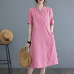 Buddha Stones Casual Daily Pure Color Button Design Short Sleeve Cotton Linen Midi Dress With Pockets