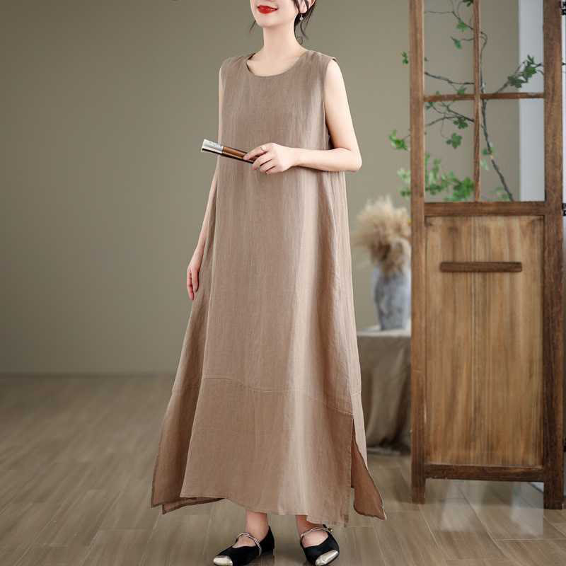 Buddha Stones Spring Plain Irregular Sleeveless Midi Dress With Pockets