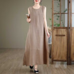 Buddha Stones Spring Plain Irregular Sleeveless Midi Dress With Pockets