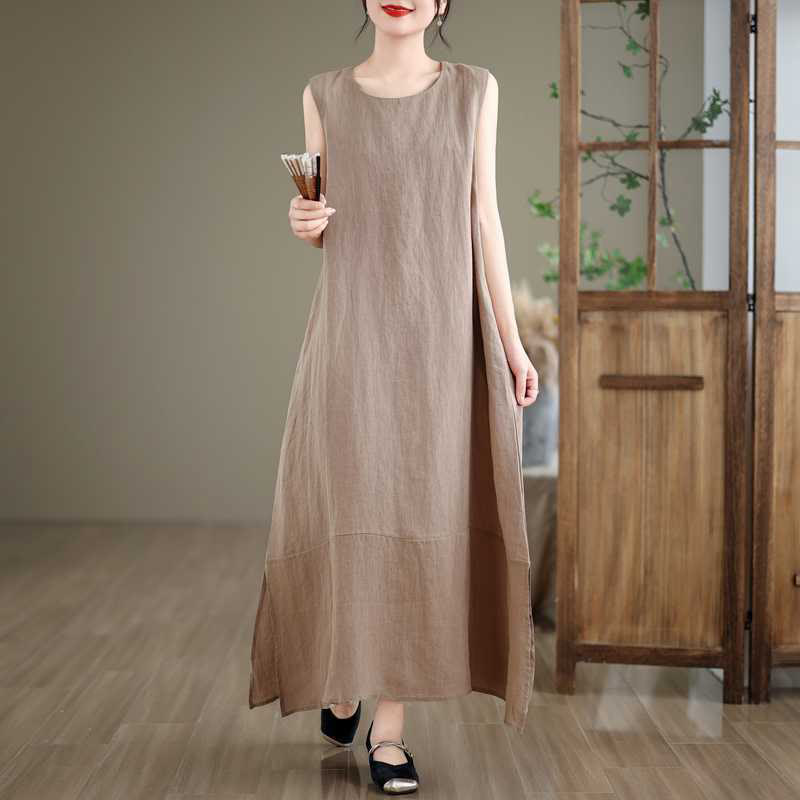 Buddha Stones Spring Plain Irregular Sleeveless Midi Dress With Pockets