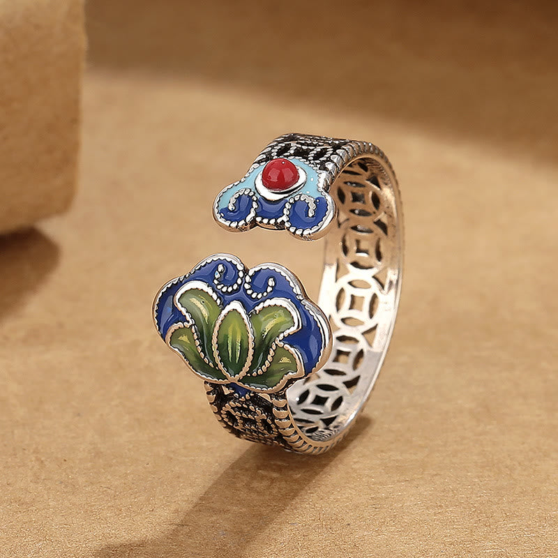 1745578520_0c0ee994-b44b-4765-94bd-c741d462ebc3 Buddha Stones Lotus Flower Copper Coins Ruyi Handle Pattern Enlightenment Adjustable Ring - Image 1