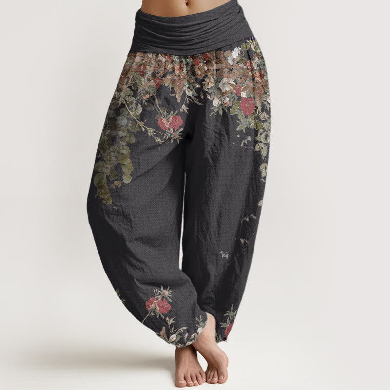 1745732982_0e1c325f-4715-4db6-8198-0023fdda66b4 Buddha Stones Pure Cotton Casual Red Peony Flower Vine Design Women's Elastic Waist Harem Pants - Image 1