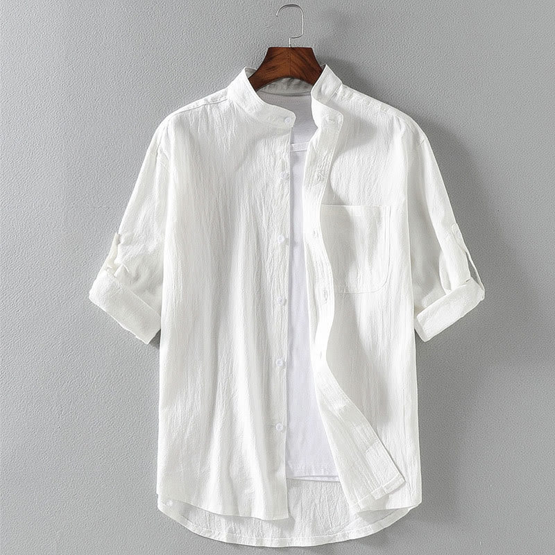 Buddha Stones Vintage Casual Plain Single Breasted Three Quarter Sleeve Men's Shirt With Pocket