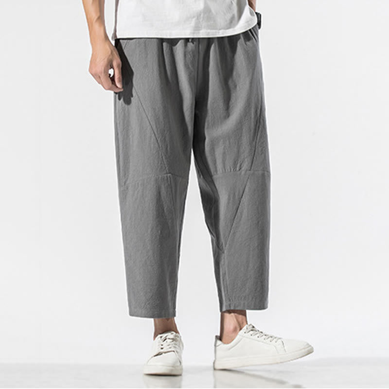 Buddha Stones Vintage Jacquard Solid Color Drawstring Cotton Linen Men's Harem Pants With Pockets