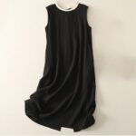 Buddha Stones Casual Stitching Color Handmade Button Design Midi Dress Polyester Sleeveless Dress With Pockets