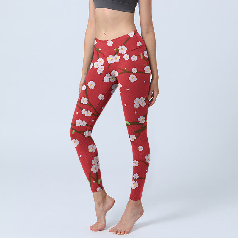 1747118070_e042210a-d87a-4e8b-bf45-6b840985b7ab Buddha Stones Plum Blossoms Branches Leaves Pattern Print Gym Leggings Women's Yoga Pants - Image 1