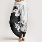 Buddha Stones Pure Cotton Camellia Pattern Women's Elastic Waist Harem Pants