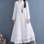 Buddha Stones Spring Casual Plain Frog-Button Design Side Lace-Up Midi Dress