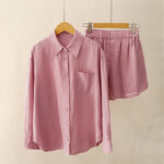 Buddha Stones Summer 2pcs Plain Long Sleeve Shirt Top Shorts Meditation Clothing Women's Set With Pockets