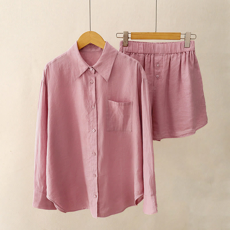 1747809847 Buddha Stones Summer 2pcs Plain Long Sleeve Shirt Top Shorts Meditation Clothing Women's Set With Pockets - Image 1