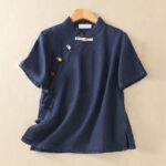 Buddha Stones Casual Plain Slant Stand Collar Collar Colorful Frog-Button Tang Suit Women's Cotton Linen Three Quarter Sleeve Shirt