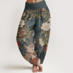 Buddha Stones Pure Cotton Casual Peony Flowers Leaves Magpie Women's Elastic Waist Harem Pants