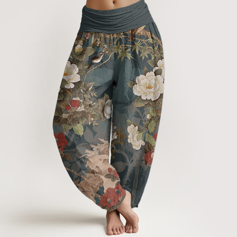1748340213 Buddha Stones Pure Cotton Casual Peony Flowers Leaves Magpie Women's Elastic Waist Harem Pants - Image 1
