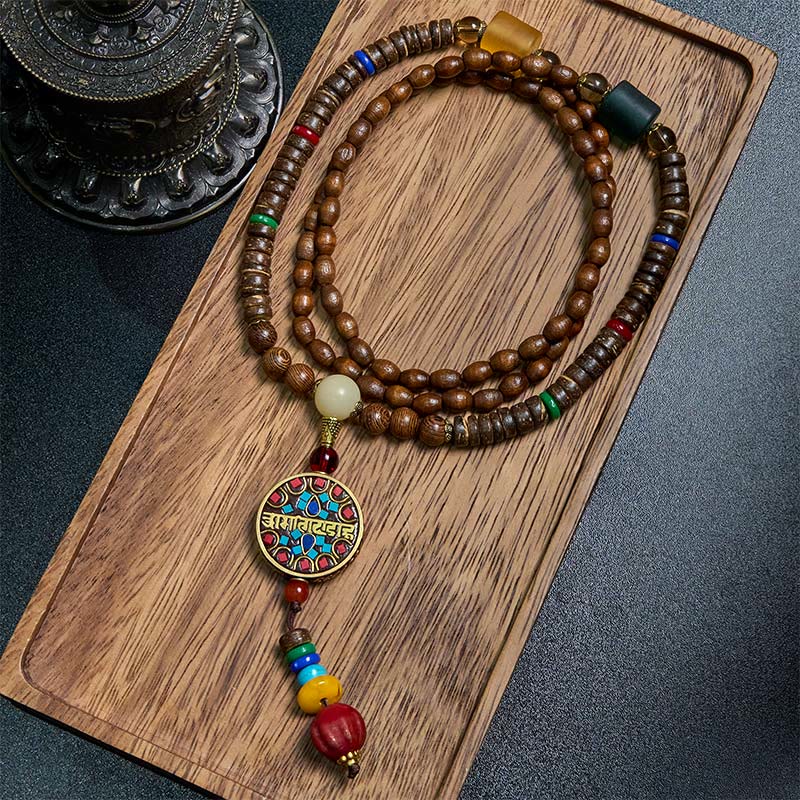 1749004707.jpg Buddha Stones Tibetan Handmade Coconut Shell Schima Wood Great Bright Mantra Copper Bead Balance Necklace Pendant