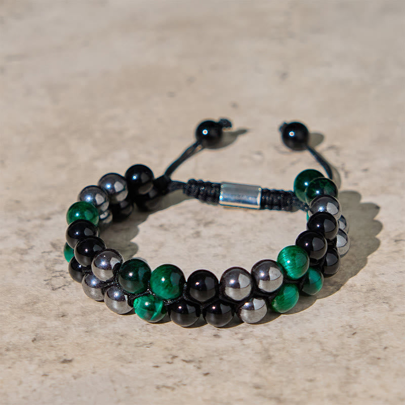 1749007210 Buddha Stones Natural Green Tiger Eye Black Magnetite Black Obsidian Double Row Beads Positive Bracelet - Image 1