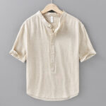 Buddha Stones Summer Solid Color Men's Half Button Short Sleeve Cotton Linen Shirt