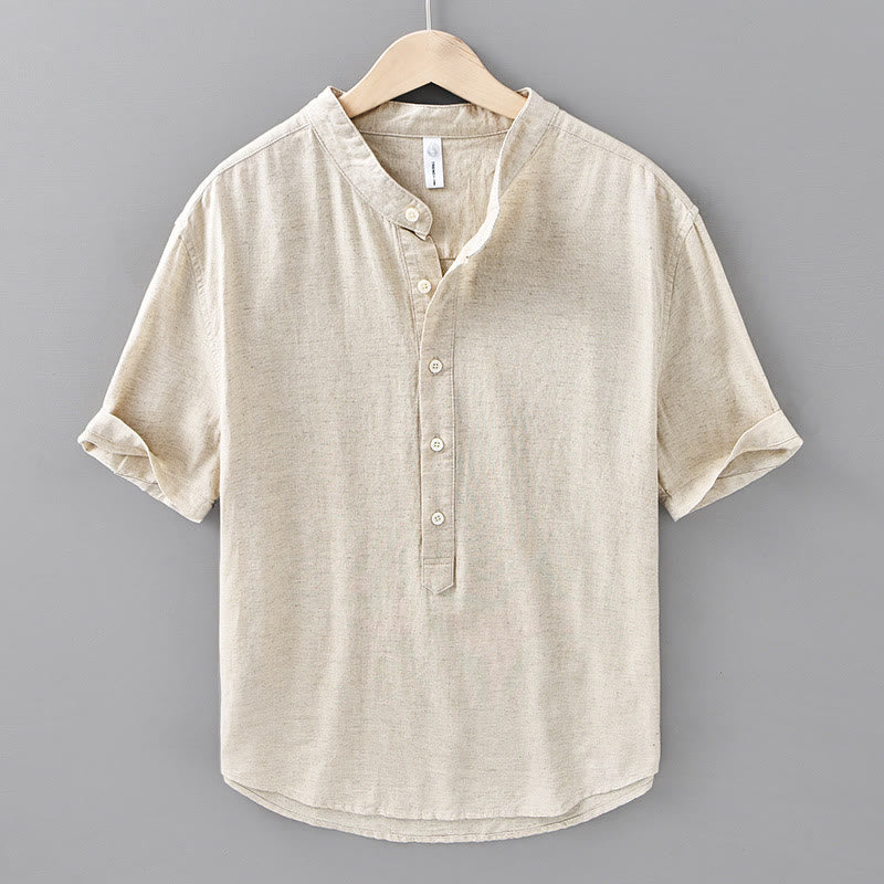 Buddha Stones Summer Solid Color Men's Half Button Short Sleeve Cotton Linen Shirt